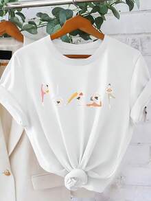 Short-Sleeved T-Shirt With Yoga Pose And Letter Print, Round Neck, Cool Style For Women, Elegant, Casual, Loose, For Parties And Holidays, Spring Summer 2026, Easy To Match, Versatile, For Going To Work, Sizes S-XXL, Winter Clothing For Women. - 白色 - 查看 1