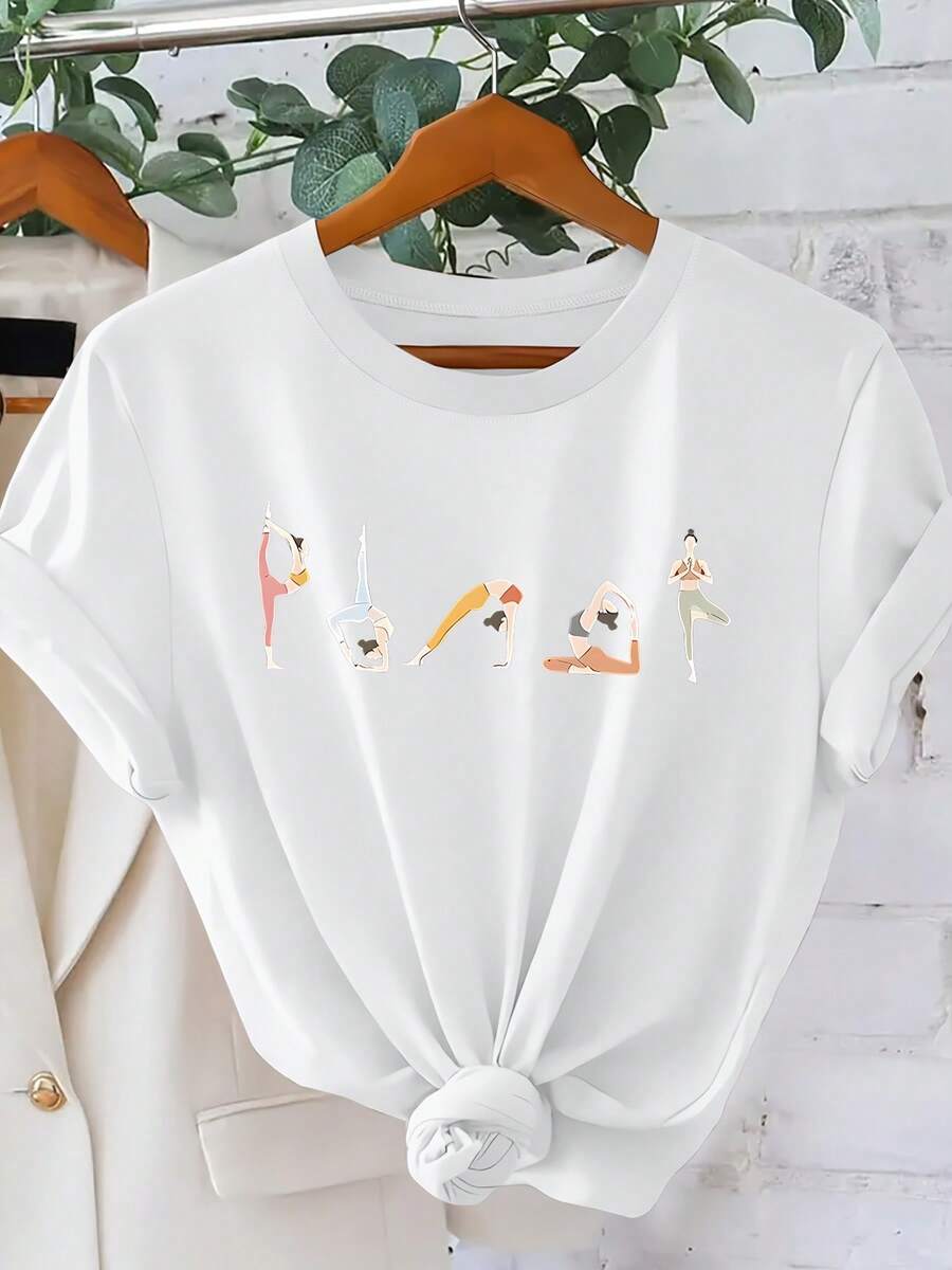 Short-Sleeved T-Shirt With Yoga Pose And Letter Print, Round Neck, Cool Style For Women, Elegant, Casual, Loose, For Parties And Holidays, Spring Summer 2026, Easy To Match, Versatile, For Going To Work, Sizes S-XXL, Winter Clothing For Women. - 白色 - 查看 1