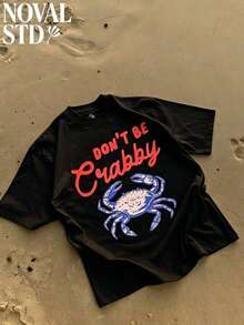 1 Piece Of Women's Short-Sleeved T-Shirt With "Don't Be Crabby" Print, Casual Street And Vacation Style, Loose Fit, Multifunctional, White, Round Neck, Fashionable T-Shirt For Everyday Wear, Suitable For Daily Use. 180g 100% Cotton. - 黑色 - 查看 3