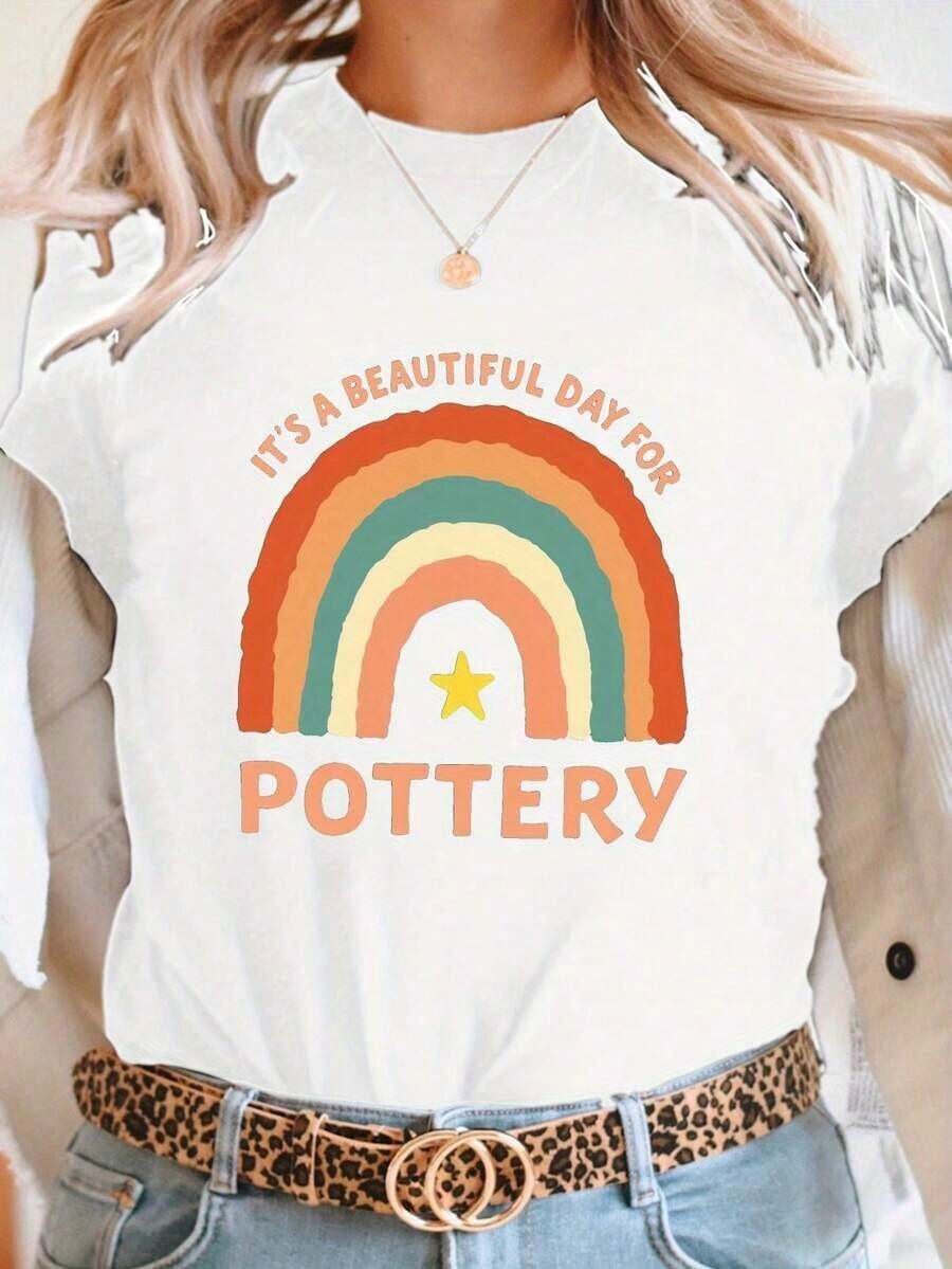 1 Piece Women's T-Shirt With "It's A Beautiful Day For Pottery" Print - Casual Short Sleeve Crew Neck T-Shirt, Suitable For Summer And Spring, Clothes For Pottery Classes, Machine Washable, 180g 100% Cotton - 白色 - 查看 1