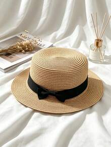1 chiếc mũ rơm kiểu Pháp Boho thắt nơ bằng sợi raffia dành cho nữ, mũ Panama chống nắng mùa hè đi biển. - nhiều màu - Xem 3