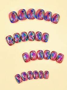 Red And Blue Press On Nails Short, Shiny Cat Eye Extra Short Almond Press On Nails With Tabs, Reusable Thick Glazed Fake Nails Oval In 12 Sizes - 24 Pcs All-In-One Kit - 彩色 - 查看 3