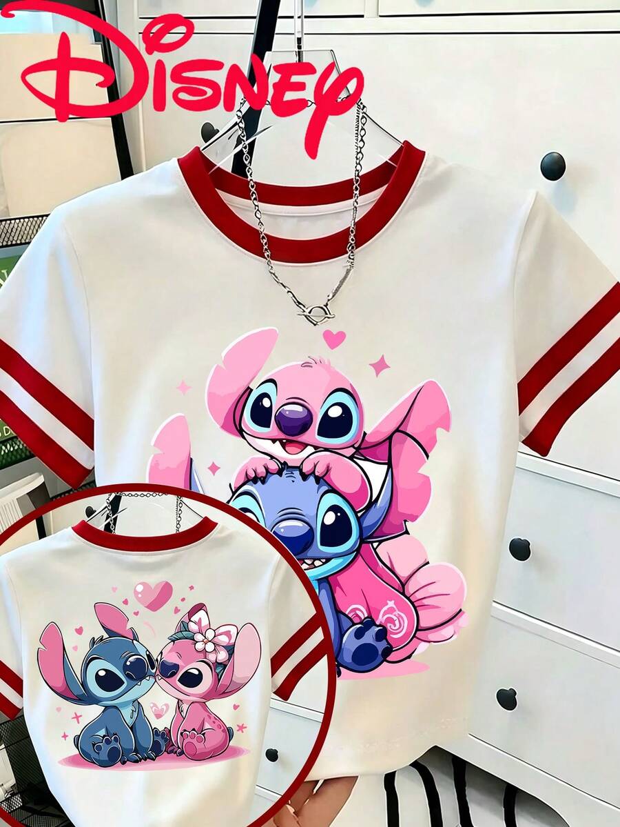 Fashion Women's T-Shirt With Disney Lilo & Stitch Print And Red-White Contrast Color. Cool And Breathable Fabric, Comfy And Versatile, Perfect For Summer Daily Wear. - Đỏ - Xem 1