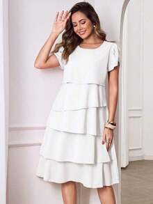 Vestido de mujer de unicolor con cuello redondo, mangas cortas con volantes en los puños y dobladillo con volantes, vestido de moda para vacaciones, primavera y verano - Blanco - Ver 8