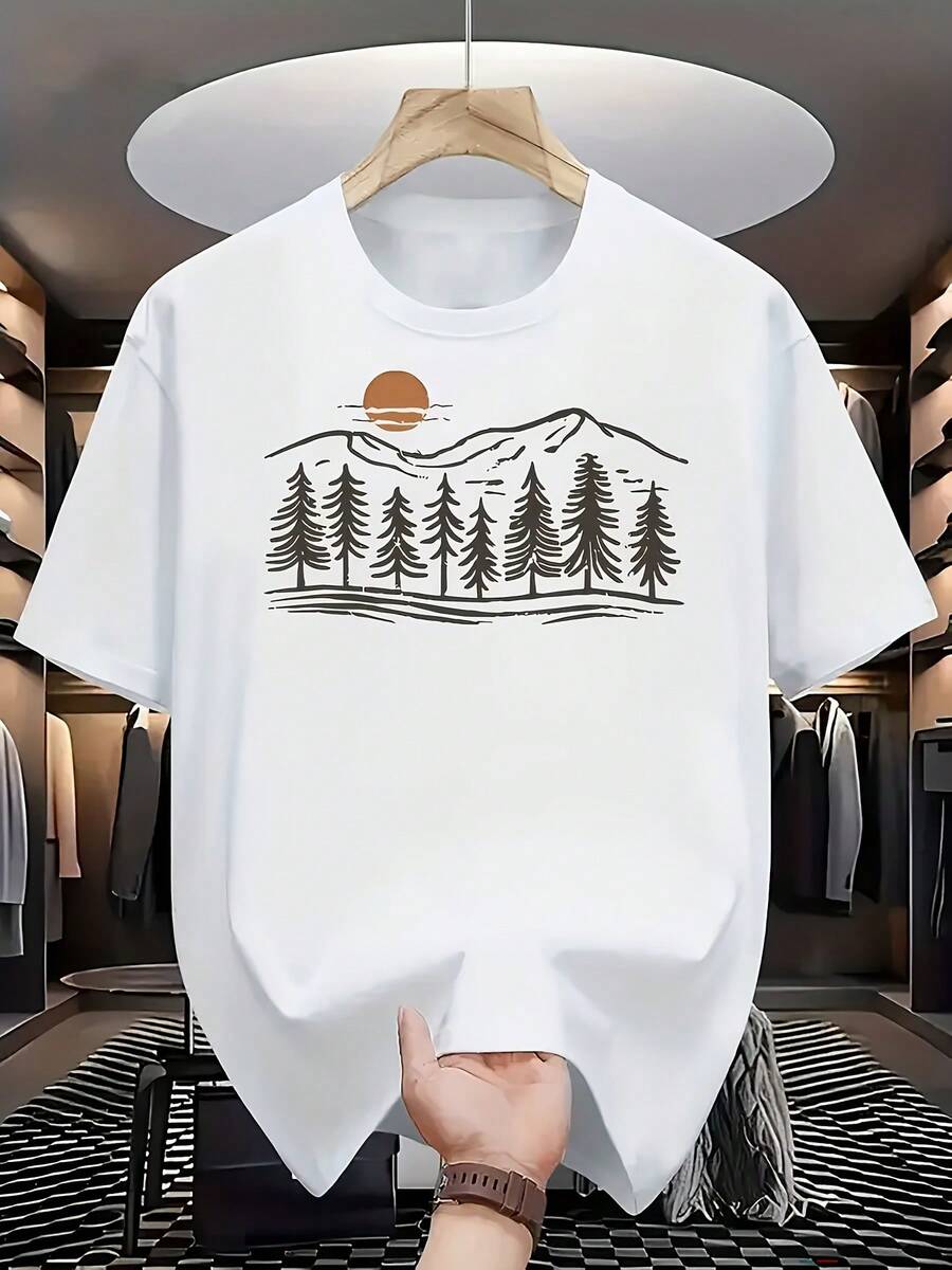 Camiseta blanca de manga corta con estampado temático de paisaje natural: un artículo de moda que muestra la estética al aire libre con patrones de montaña, bosque y atardecer - Blanco - Ver 1