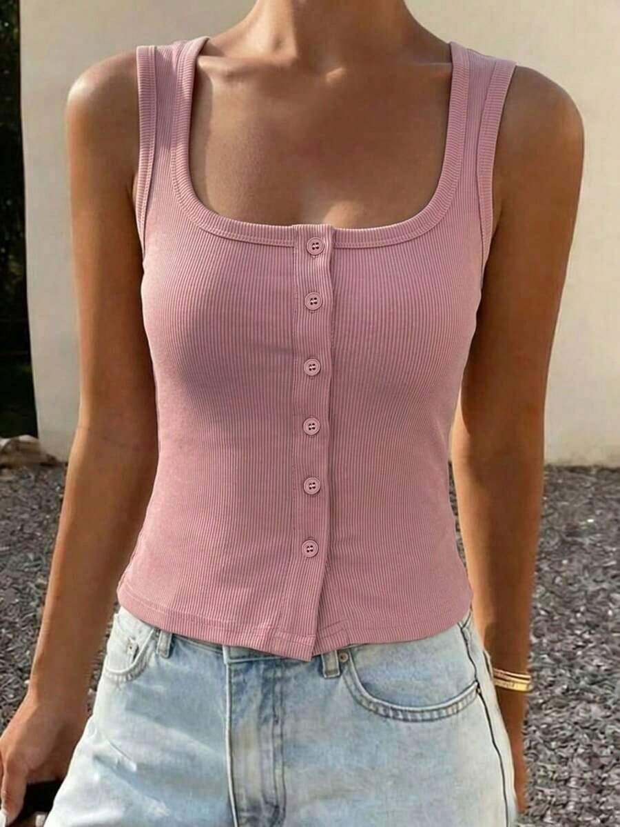 Top de camiseta ajustada de cuello cuadrado acanalado para mujer, verano - Rosa - Ver 1