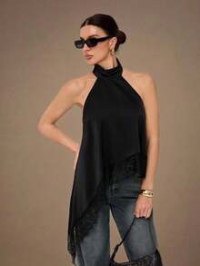 2026 Tall Backless Camisole Top With Elegant Lace Trim, Sexy Patchy Satin Sleeveless Blouse For Parties, Cocktails, Formal Occasions, Christmas, Business Casual - 黑色 - 查看 7