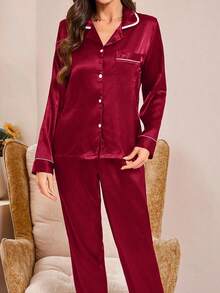 Moireta Conjunto de pijama de top de satén con cuello de solapa y botones con ribete de contraste y pantalones, detalles acogedores y elegantes, ropa de otoño e invierno - Burdeos - Ver 6