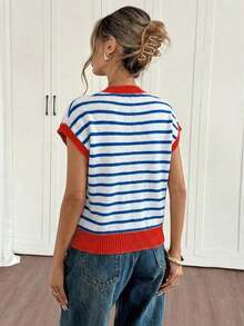 Blusa de punto de manga de murciélago con rayas de color contrastante, casual de verano para mujer - Multicolor 2 - Ver 2