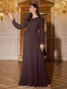 Vestido de dama de honor de manga linterna de unicolor elegante y extra largo - Café integral - Ver 4