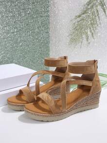 Plus Size Women's Single Strap Wedge Heel Sandals, 2026 Summer New Fashion Fairy Style Solid Color Vacation Bohemian - Brown - View 7