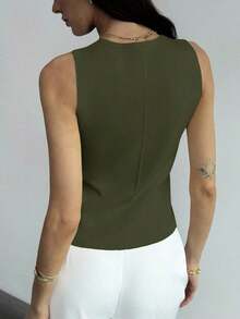elegante de mujer de unicolor con cuello en V sin mangas, decorado con botones metálicos, para verano, vacaciones en la playa, estilo boho tropical, tops de verano minimalistas, casuales de oficina, de salida elegante, para la escuela en ot - Verde militar - Ver 2