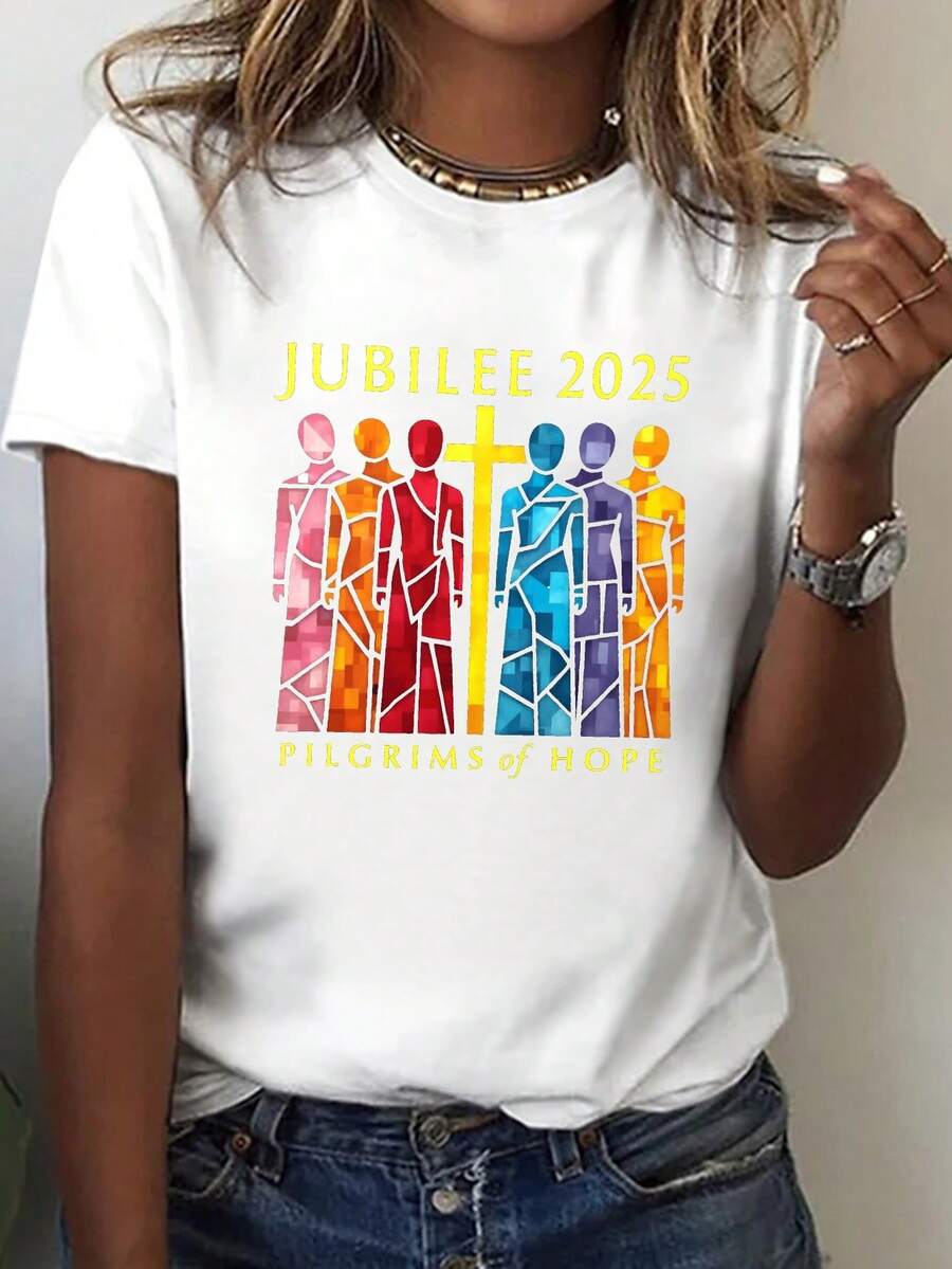 JUBILEE Pure Cotton T-Shirt, Minimalist Casual Shirt, Hope Journey Print T-Shirt, Short Sleeve Round Neck Casual Top, Suitable For Summer And Spring, Women's Clothing. - 白色 - 查看 1