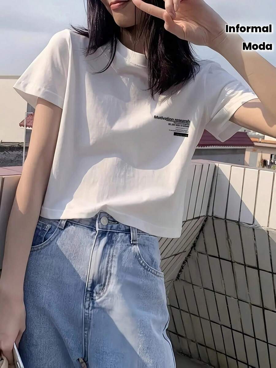 Y2K Women's Short Sleeve T-Shirt - Slim Fit Top With Cartoon Print, Semi-Sheer Round Neck, Medium Stretch Fabric For Spring, Summer, And Autumn, Casual T-Shirts, Summer Fashion, Slim Fit Tee - [白色的] - 查看 1
