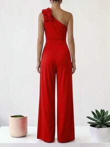 Women's Elegant One-Shoulder Palazzo Jumpsuit Dress, Long Jumpsuit, Formal Outfit For Party, Wedding, Graduation - 紅色 - 查看 2