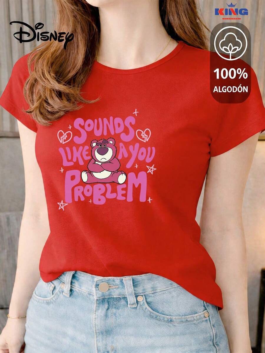 Women's T-Shirt Made Of 100% High-Quality Cotton. This T-Shirt Guarantees Exceptional Softness To The Touch, A Round Neck With A "Disney Sounds Like A You Problem" Print, And Short Sleeves. - 紅色 - 查看 1