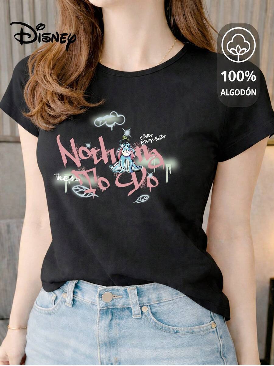 Women's T-Shirt Made Of 100% High-Quality Cotton, This T-Shirt Guarantees Exceptional Softness To The Touch, Round Neck With "Disney Eeyore Nothing To Do" Print And Short Sleeves - 黑色 - 查看 1