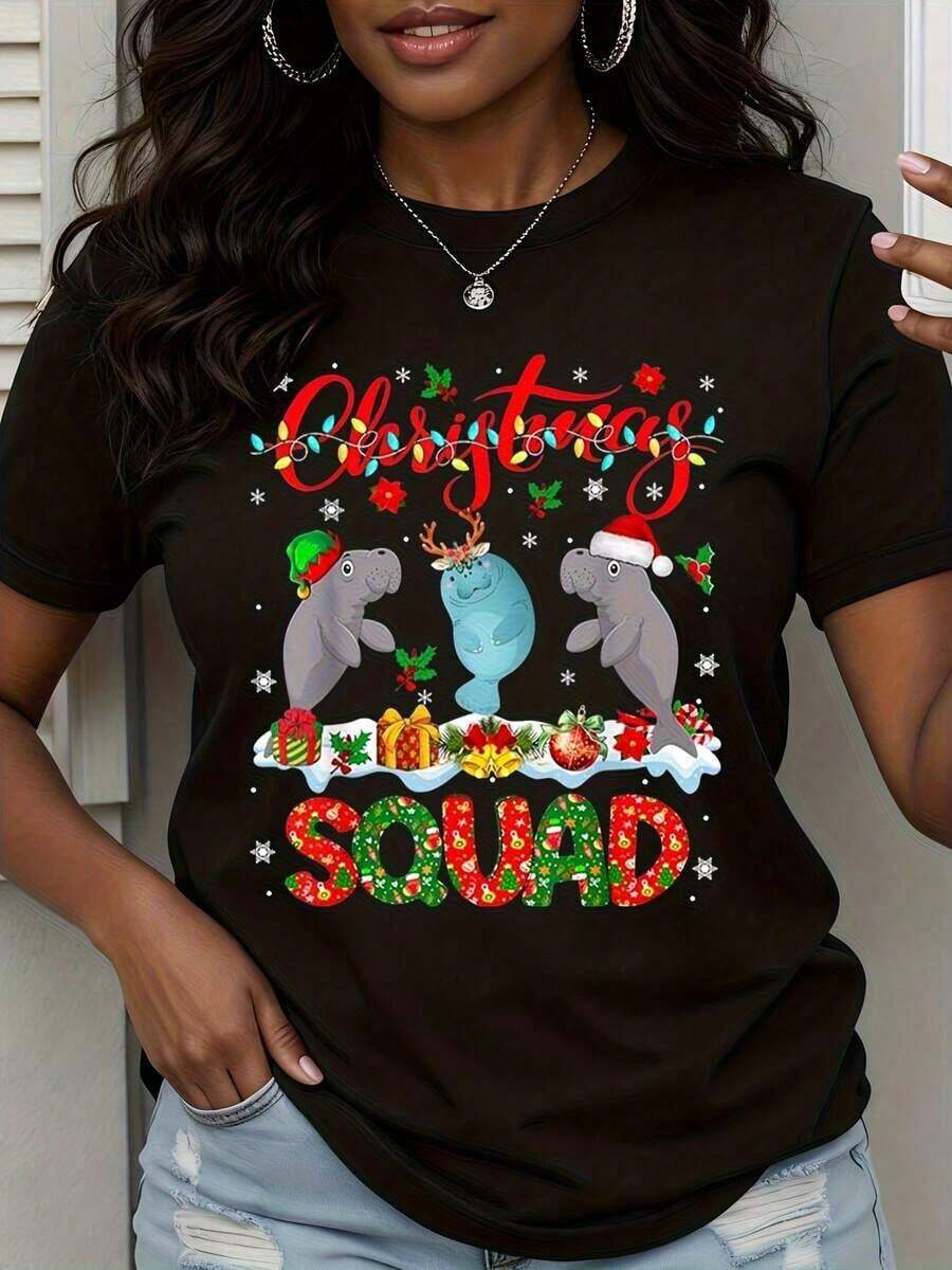 Ugly Manatee Family Christmas T-Shirt, Funny Christmas T-Shirt For Women, Christmas Gift For Women - Vintage Street Style, Unisex, Cotton, Short Sleeve, Crew Neck, 100% Cotton. - 黑色 - 查看 1