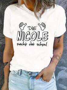 Women's Graphic T-Shirt "She Already Knows How To Do It" By DIE NICOLE - White, Short Sleeve, Crew Neck, Casual Style, With Bold Black Letter Print And Thumbs Up Design, Medium Stretch, Machine Washable, For Spring And Summer, Stylish T-Shirt, Weekend Style, Fun Style, Soft Texture, Eye-Catching T-Shirt, For Women. Women's Blouses > Clothing - 白色 - 查看 7