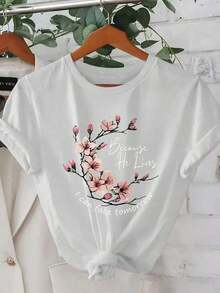 New Arrivals For Summer 2026, Cherry Blossom Inspired Pattern, Beautiful, Elegant, Fashionable, Casual Korean Style T-Shirts For Spring And Summer - Unisex Short Sleeve T-Shirt, Round Neck, Vintage Street Style, 100% Pure Cotton. - 白色 - 查看 1