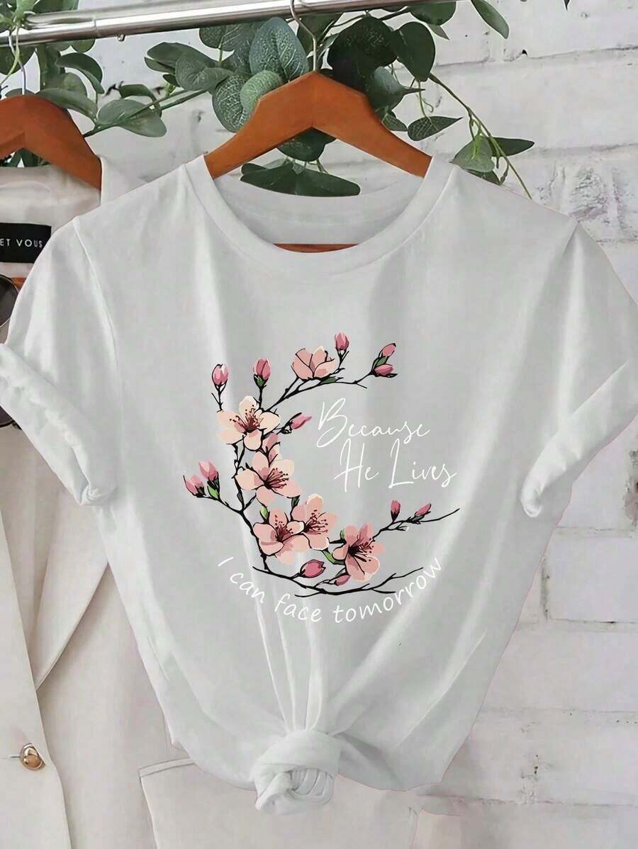 New Arrivals For Summer 2026, Cherry Blossom Inspired Pattern, Beautiful, Elegant, Fashionable, Casual Korean Style T-Shirts For Spring And Summer - Unisex Short Sleeve T-Shirt, Round Neck, Vintage Street Style, 100% Pure Cotton. - 白色 - 查看 1