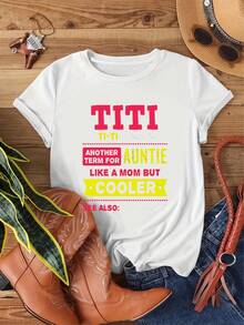A Fun And Unique Black T-Shirt With Eye-Catching Pink Text That Says "", A Playful Yellow Design With The Words "TI - TI - NOUN", Yellow Text That Says "Another Nickname For Aunt", A Star Print With The Words "Like A Mom, But Cooler" Printed On It, A Tricolor Feminine Garment. - 白色 - 查看 6