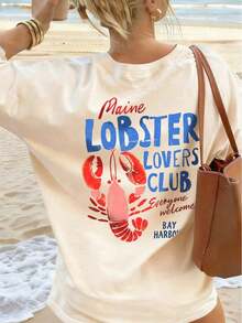 Short-Sleeved T-Shirt With A Round Neck And Slogan Print, Casual Summer Style For Women, Fashionable Everyday Wear And Vacation Wear, Suitable For Daily Use And Holidays - Urban Vintage Style, Unisex, Cotton, Short-Sleeved, Round Neck, Blouses For Women. Casual Blouses For Ladies. - 杏色 - 查看 5