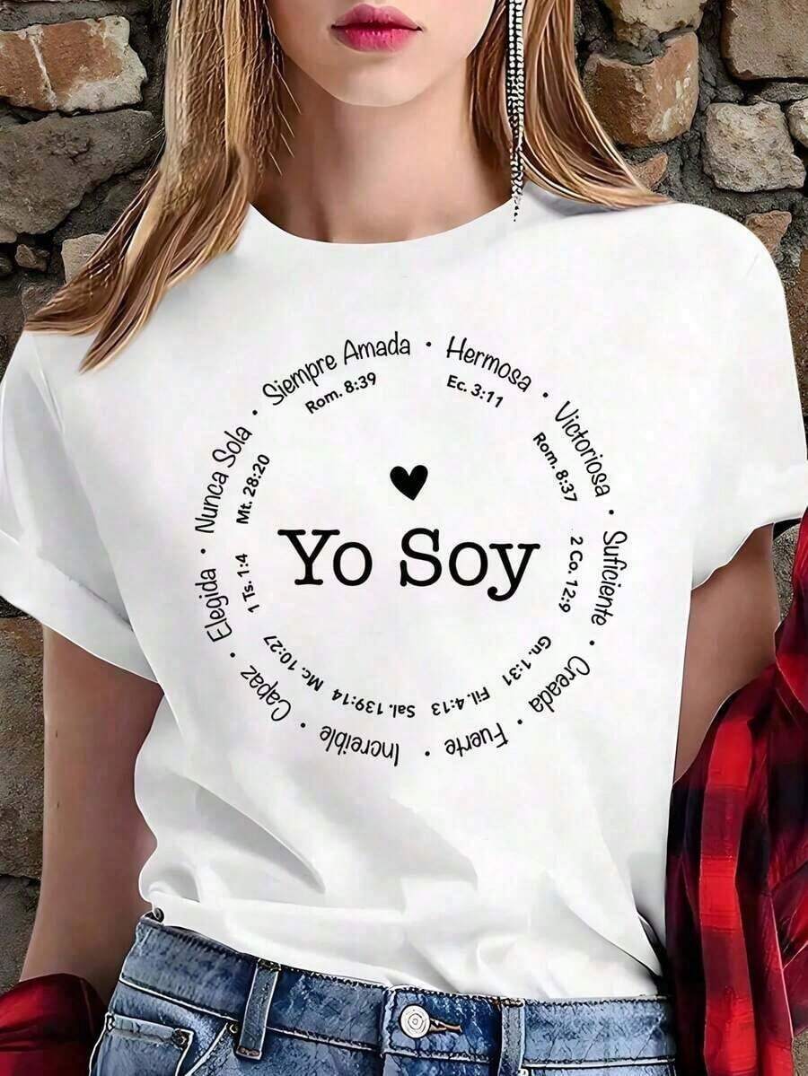 Short-Sleeve Round Neck White T-Shirt With "I Am" Bible Verses, Christian Affirmation T-Shirt In Spanish, Loose-Fitting Religious And Faith Blouse, Christian Gift Top For Women, Casual Blouses For Women, 100% Cotton. - 白色的 - 查看 1