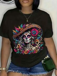 1 Day Of The Dead T-Shirt, Mexican T-Shirt, Floral T-Shirt With Skulls, Halloween Costume 2026, Skeleton T-Shirt, Soft For Day Of The Dead. - 黑色 - 查看 1