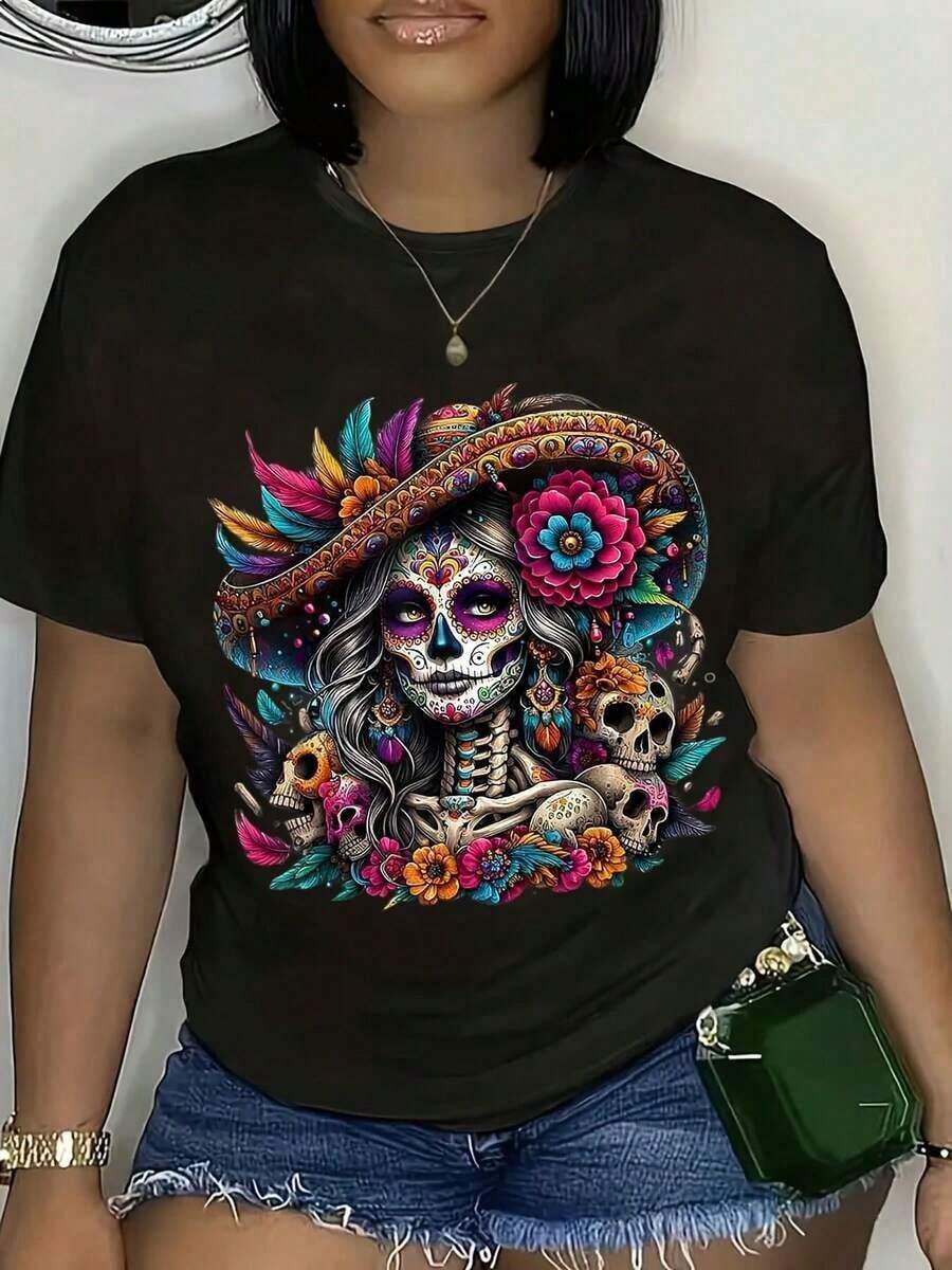 1 Day Of The Dead T-Shirt, Mexican T-Shirt, Floral T-Shirt With Skulls, Halloween Costume 2026, Skeleton T-Shirt, Soft For Day Of The Dead. - 黑色 - 查看 1