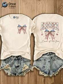 1 Piece, 100% Women's, T-Shirt With "Land Of The Free" American Flag And Ribbon Print - 4th Of July Outfit, Casual Round Neck Top With Map Design, Suitable For Spring And Summer, Gift (Local Shipping). Women's Summer Cotton T-Shirt, White, Short Sleeve, Soft. - 黑色 - 查看 7