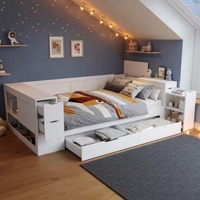 Wooden Bed, Children's Bed, Storage Bed 140x200 Cm, Daybed, Multifunctional Storage Bed With Drawers, Shelves And Storage Cabinets, With Bedside Tables, Suitable For Teenagers, Without Mattress, White