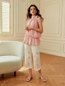 Clasi Nueva blusa de otoño con cuello halter francés, tirantes, lino, lazo, volantes y sin mangas, adecuada para citas, festivales, vuelta al cole, maestros, Halloween, Acción de Gracias - Rosa - Ver 3