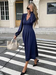 Frenchy Vestido midi elegante de moda con escote en V profundo y cintura para mujer, para el verano - Azul marino - Ver 5