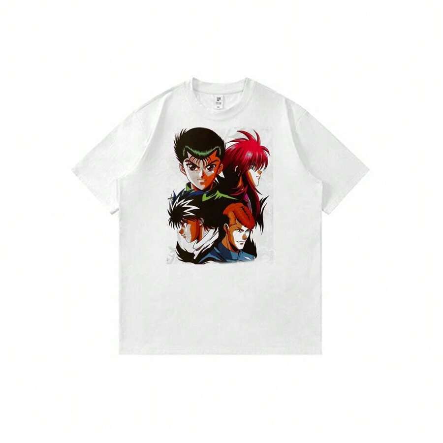 Yu-Yu-Hakusho-Yusuke-Urameshi-Kurama-Hiei-Kazuma-Kuwabara-Group-Posing-Art-(4) Unisex Summer Casual Short Sleeve T-Shirt With Anime Cartoon Print Y2K - 白色 - 查看 1