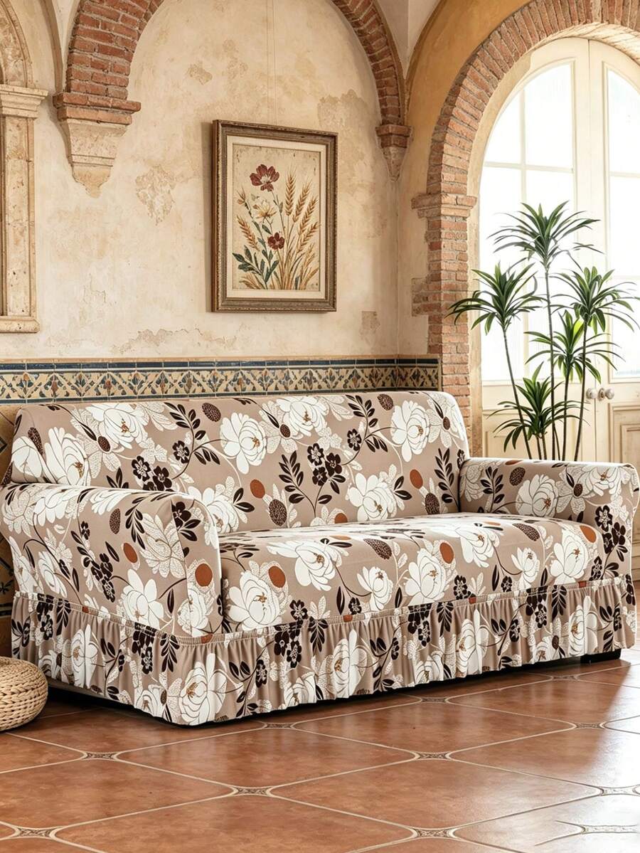 1pc Sofa Skirt Cover, Botanical Print Pattern, Dust-Proof & Dirt-Resistant, Elastic Full Coverage Sofa Protector, Living Room Home Decor, Fits 1/2/3/4 Seater Sofa, All Season Use, Machine Washable - Khaki - View 1