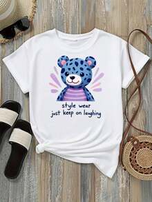 Playera Holgada para Mujer con Diseño de Oso Lindo con Manchas y Rayas, Transpirable - Blanco - Ver 2