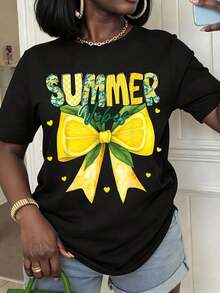 1pcs Women's Tops Summer T-Shirt With Summer Vibes Lemon Bow Print Casual Round Neck Short Sleeve Tee For Summer Days Perfect Gift For Herplayeras de mujer - Negro - Ver 11