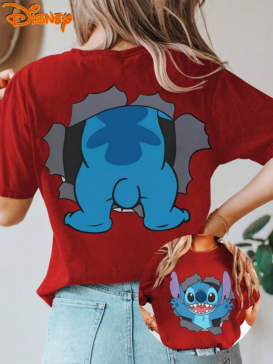 Camiseta de manga corta auténtica de Disney para mujer de talla grande, con estampado de Lilo y Stitch rompiendo un agujero por ambos lados, cuello redondo, camiseta de verano de talla grande, adecuada para primavera, verano y otoño, viaje a Disney, casual y de moda - Rojo - Ver 1