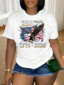 Camiseta suave de cuello redondo para mujer, estampada con el diseño de la bandera de American Eagle para la celebración de 250 años, ideal para festivales y fiestas. - Blanco - Ver 3