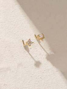 Bộ 2 khuyên mũi hình cỏ bốn lá và trái tim mạ vàng, đính đá Cubic Zirconia, kiểu dáng chữ L, trang sức xỏ mũi chữ L Y2K dành cho nữ. - Vàng - Xem 3