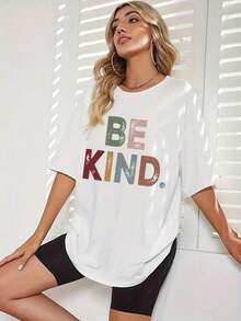 Soft 100% Cotton Short Sleeve T-Shirt With BELIND Print, Plus Size, Round Neck, Breathable, Versatile, Casual Blouse For Women, Women's Blouses, Women's Cotton T-Shirts - 白色 - 查看 2