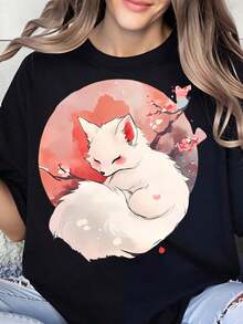 Women's Cherry Blossom And Moon Design T-Shirt, Anime Style Animal Print, Casual Spring And Summer Top, Fashionable Gift For Fox Lovers. Suitable As A Gift. Women's T-Shirt. Blouses>Elegant. Boho Chic. Soft, Breathable, And Comfortable Women's Top, Ideal For Spring, Summer, And Autumn, Perfect For Vacations, Travel, And Everyday Wear. - 黑色 - 查看 7