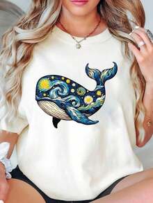 Camiseta de Mujer con Estampado Artístico de Ballena y Noche Estrellada, Ropa Casualblusa casual mujer - Blanco - Ver 7