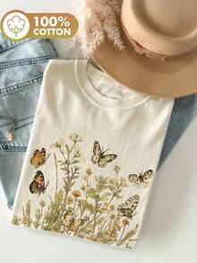 Graphic Print T-Shirt, Short Sleeves, Round Neck, Casual Top For Summer And Spring, Women's Clothing, Women's Winter Clothing - 杏色 - 查看 7