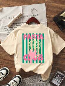 Nueva Camiseta de Verano con Diseño a Rayas y Estampado de Comida Italiana, Cuello Redondo, Manga Corta, Casual, Moderna y Versátil para Mujer - Estilo Vintage Urbano, Unisex, de Algodón, Cuello Redondo, Manga Corta, Blusas para Mujer. blusas.blusas casuales para dama. - Albaricoque - Ver 2