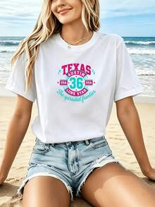 Camiseta Estampada para Mujer - Camiseta Casual de Manga Corta y Cuello Redondo en Color Blanco con Colorido Texto TEXAS NATION 36. Con un Corte Relajado para Todas las Estaciones, la Elección Perfecta Tanto para el Uso Diario como para tus Atuendos de Vacaciones (Lavable aáquina). - Blanco - Ver 7