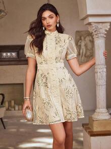 Simplee Vestido mini de mujer de verano, nuevo y elegante, con mangas abullonadas, cintura alta y corte evasé, con diseño de cuello alto, parches de encaje y bordados de lentejuelas, adecuado para bodas, fiestas, cumpleaños, citas, salidas, vacaciones y graduaciones - Albaricoque - Ver 7