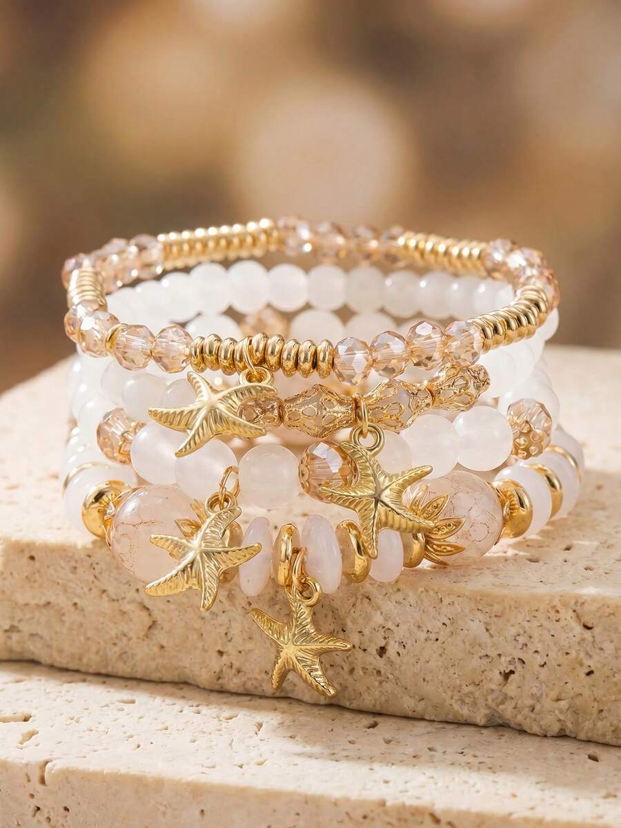 Bộ 4 vòng tay hình sao biển pha lê, vòng tay đính cườm thủ công, thích hợp cho phụ nữ đeo khi đi nghỉ mát ở bãi biển. - Nhiều màu - Xem 1