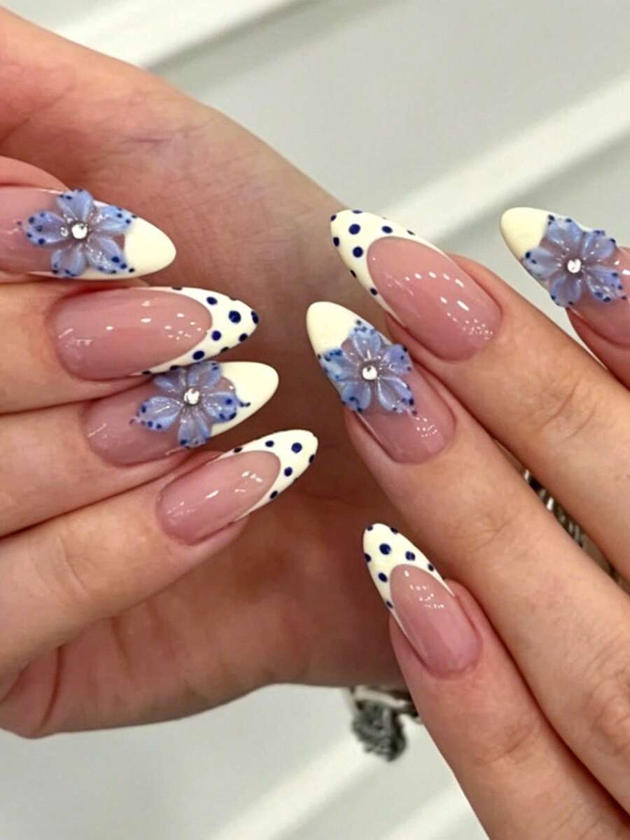 Bộ 24 miếng dán móng tay hình hạnh nhân chấm bi Pháp 3D đính đá hoa xanh, thích hợp cho các cô gái sành điệu, phụ nữ công sở, dự tiệc, hẹn hò và sử dụng hàng ngày. - Nhiều màu - Xem 1
